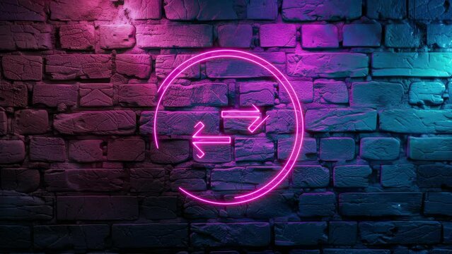 Video footage of Pink glowing Exchange arrow neon icon on brick wall background. Looped Neon Lines abstract on black background.Laser Pictogram animation. Seamless loop
