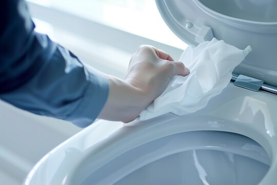 Hand cleaning a toilet seat with a white cloth, showcasing hygiene and cleanliness practices in a restroom.