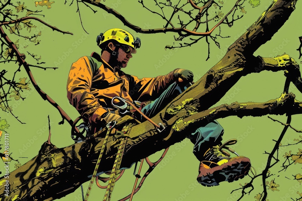 Poster a man with a chainsaw cutting a tree. suitable for forestry or lumber industry concepts