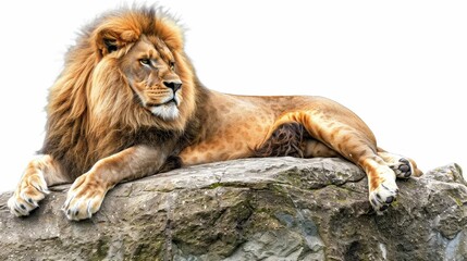 Obraz premium A majestic lion basking in the sun on a large rock at the zoo, with a lush green environment, isolated on white background, copy space