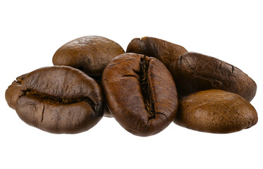 Close-up of several roasted coffee beans isolated on a transparent background. Extreme macro.