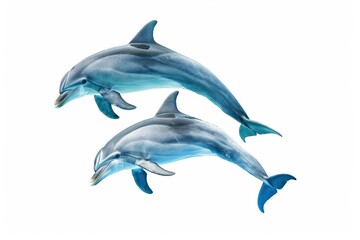 Fototapeta premium A pair of dolphins jumping and performing tricks in a large aquarium show pool, with an enthusiastic audience, isolated on white background, copy space