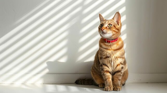 A playful orange tabby cat with a red collar sitting in a sunny room, looking up with bright green eyes, isolated on white background, copy space