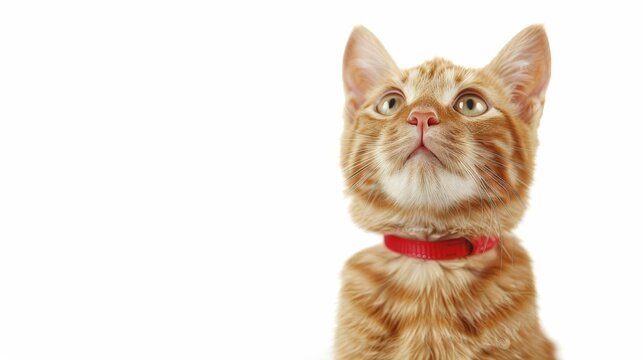 A playful orange tabby cat with a red collar sitting in a sunny room, looking up with bright green eyes, isolated on white background, copy space