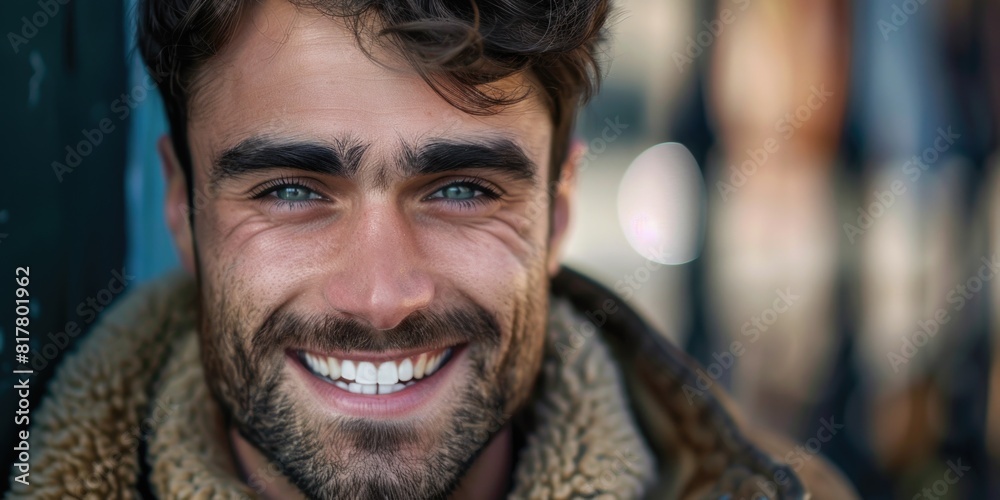 Poster A man with a beard smiling while wearing a jacket. Suitable for business and casual concepts