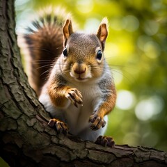 A squirrel is standing on a tree branch