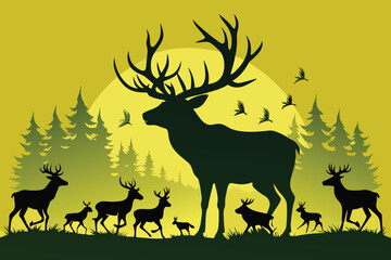 vector silhouette of a large male bull elk bugling with a herd of cow elk in the background