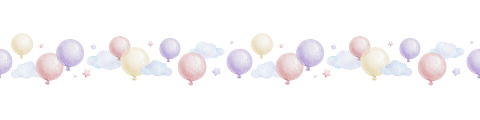 Naklejka premium Purple, pink air balloons, clouds and stars. Watercolor isolated hand drawn seamless border. Banner for website, postcards, decoration of children's rooms and party, Baby shower and birthday cards