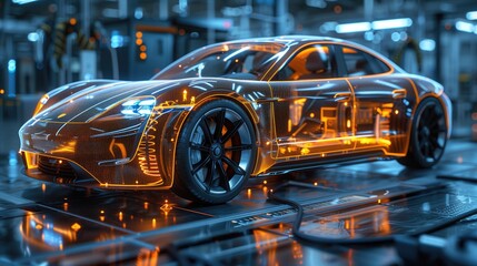 Obraz premium From concept to creation, this wide banner image captures the journey of innovation and progress in the electric vehicle industry, with ample space for branding and messaging