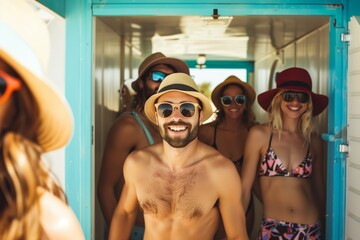 Group of friends in swimwear and hats, enjoying a day at the beach. They are smiling and looking happy, suggesting a fun and relaxed atmosphere. - Powered by Adobe