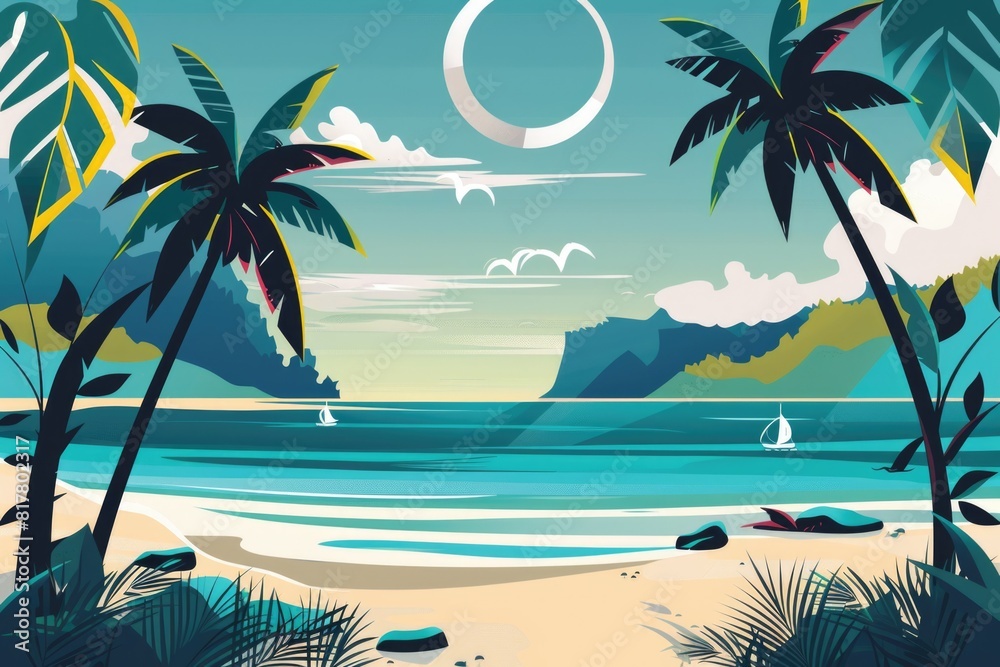 Poster a serene beach scene with palm trees and a full moon shining in the sky. perfect for travel and vaca