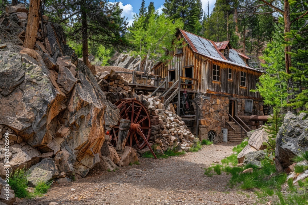 Poster A rustic old wooden building with a charming water wheel in front of it. Perfect for showcasing vintage architecture and historic landmarks