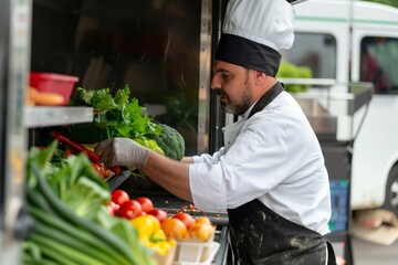 Chef prepares fresh vegetables in a food truck, showcasing ingredients like tomatoes, broccoli, and greens. The chef is wearing a classic white uniform with gloves.