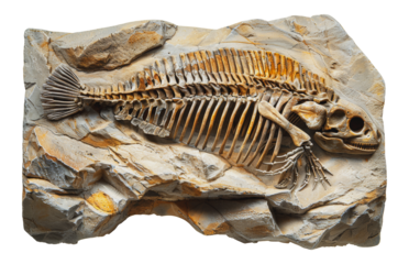 Detailed fish fossil on rock, cut out - stock png.