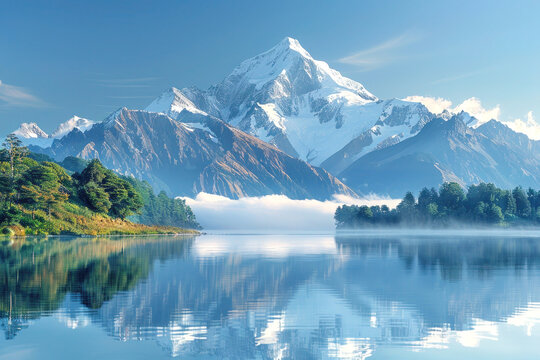 A majestic mountain landscape at dawn, snow-capped peaks under a clear blue sky, a crystal lake reflecting the mountains surrounded by lush greenery, a sense of untouched wilderness and luxury seclusi