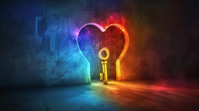 A keyhole shaped like a heart, emitting the colors of the aromantic flag, symbolizing different forms of love