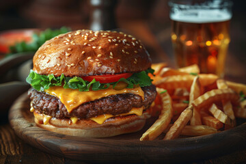 Cheeseburger with Fries and Beer on Wooden Plate