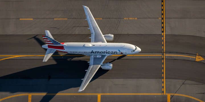 Aerial shot of American Airlines Airbus 319 taxiing at Boston's Logan International Airport