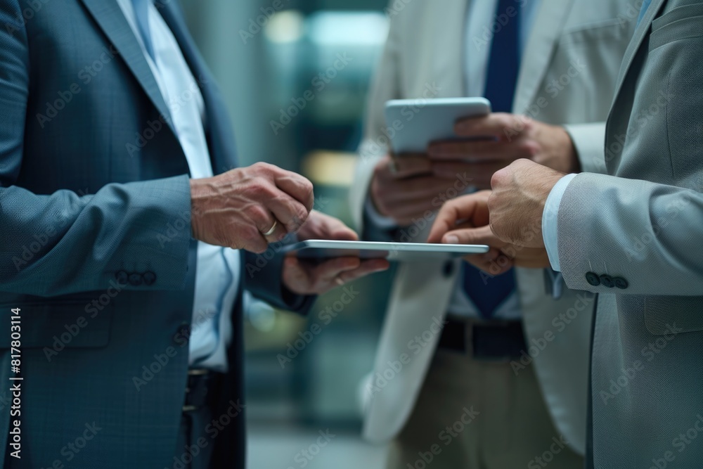 Poster two men in suits using cell phones. suitable for business and technology concepts