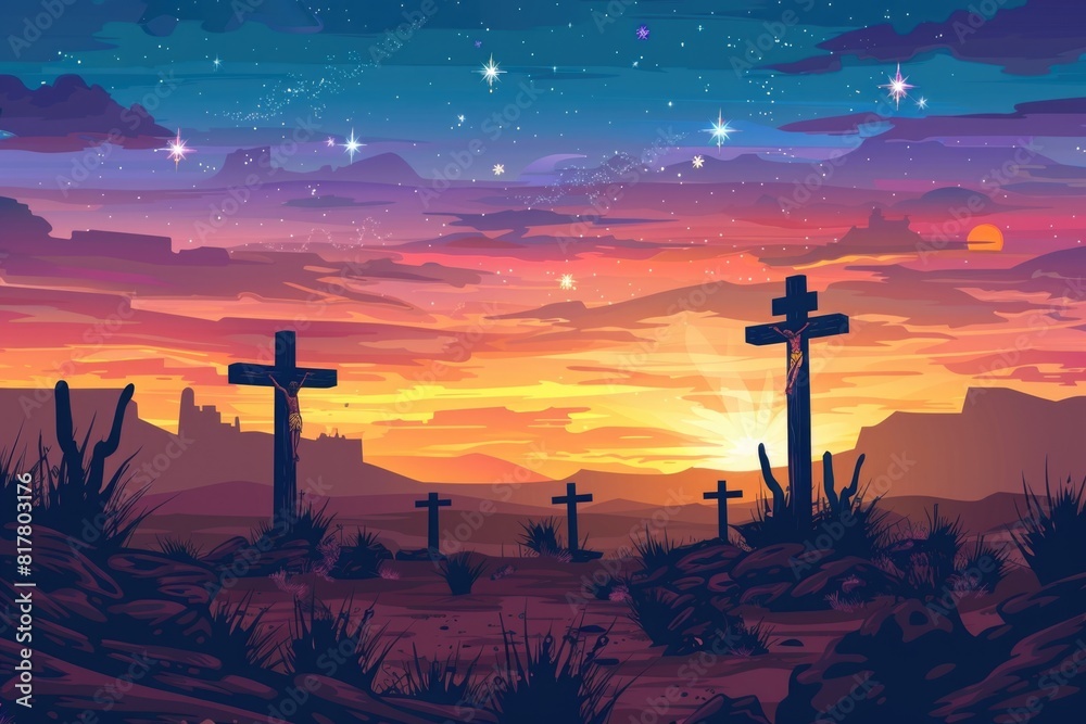 Poster a serene scene of a cross on a hill with a beautiful sunset in the background. ideal for religious t