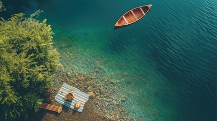 An aerial view of two boats peacefully floating on the serene lake surrounded by natural landscape...