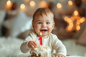 A happy one-year-old baby. Happy birthday
