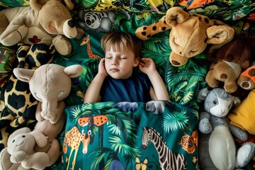 A child peacefully sleeps surrounded by various stuffed animals and tropical-themed bedding with...