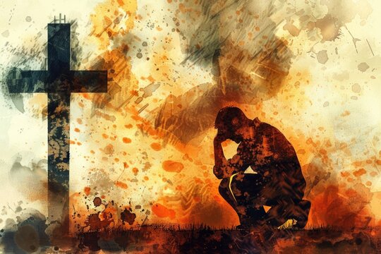 A man showing reverence at a cross, suitable for religious concepts