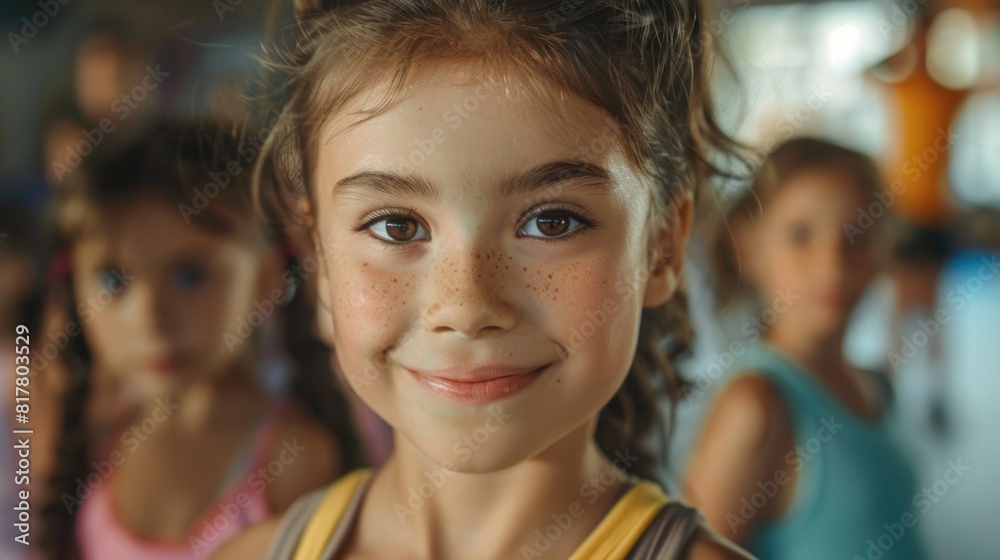 Poster A portrait of a young girl with freckles on her face. Perfect for children's books or educational materials