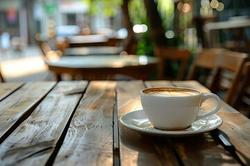 Cup of coffee on table on blurred cafe background with sunrays