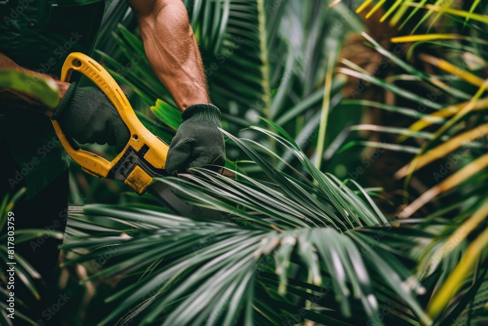 Poster A man is using scissors to trim a palm tree. Ideal for gardening and landscaping concepts