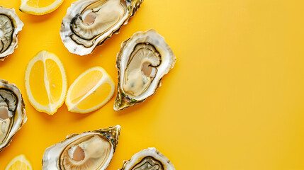 Tasty oysters with lemon on color background