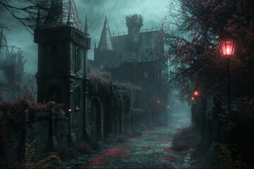 Gothic castle amidst foggy landscape