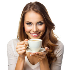 A woman is holding a white coffee cup with a smile on her face