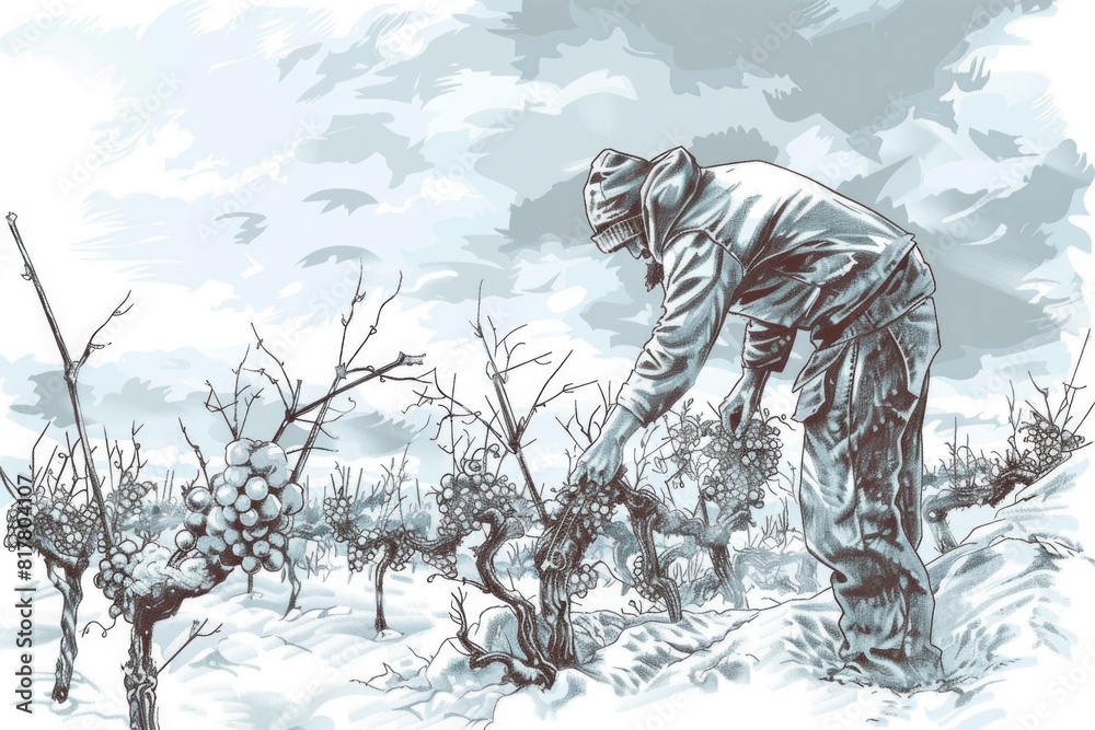 Poster a man harvesting grapes from a tree. suitable for agriculture concepts