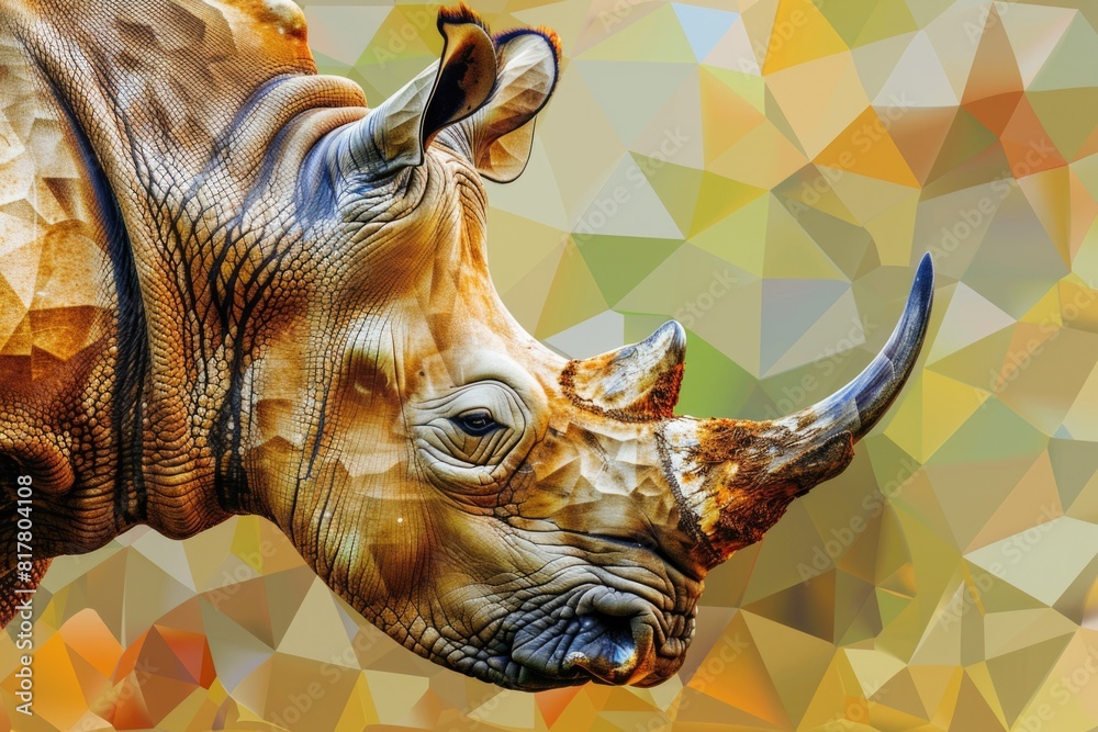 Poster close up of a rhino on a colorful mosaic background. suitable for wildlife or nature concepts