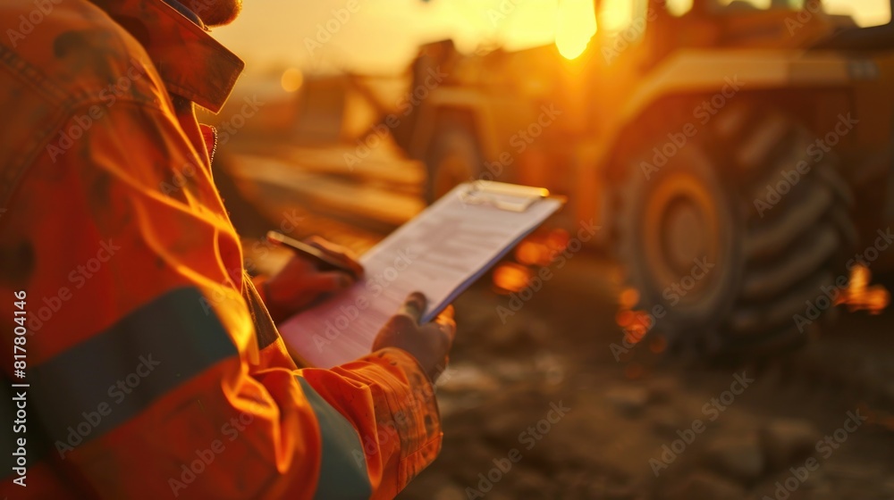 Poster a man in an orange jacket writing on a clipboard. suitable for business and office-related concepts