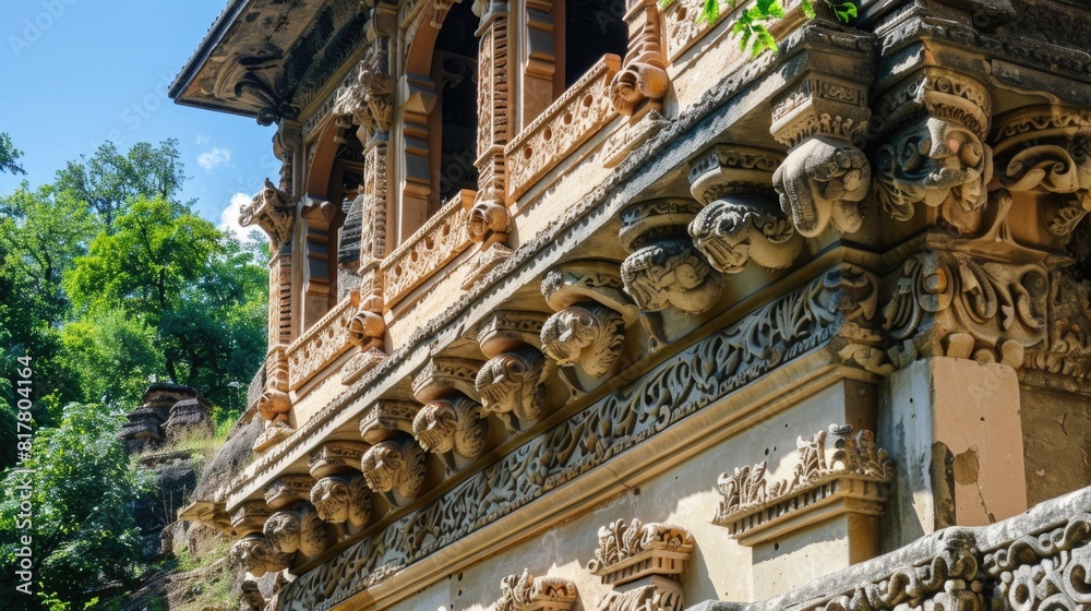 Poster stone building with intricate carvings, perfect for historical architecture projects