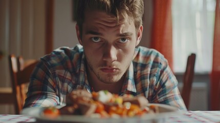 A man staring at a plate of food on a table. Suitable for food blogs or restaurant promotions