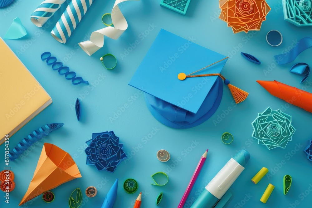 Aufkleber various colored objects arranged on a blue table. suitable for home decor or interior design concept