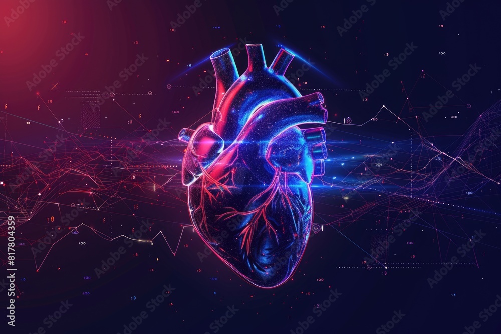 Poster a heart symbol connected to a network. suitable for medical and technology concepts