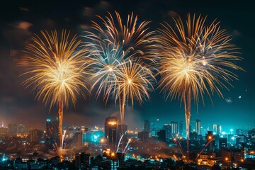 Naklejka premium Fireworks illuminate urban skyline at night