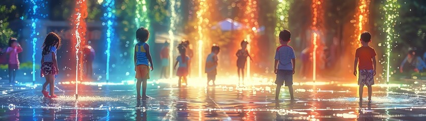 Children playing in a splash pad with colorful fountains and water jets, Playful, Bright and Cheerful, Digital Illustration