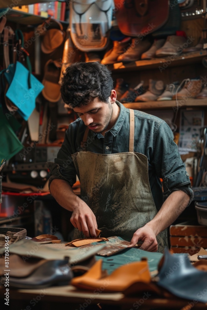 Poster a man in an apron working on a piece of wood. suitable for woodworking and diy projects