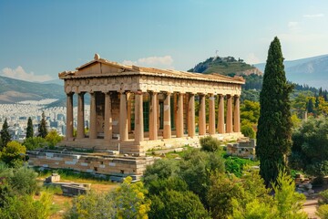 Naklejka premium A grand structure with pillars and a canopy amidst a green landscape