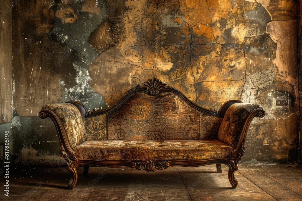 Poster a cozy couch placed in front of a weathered wall. suitable for interior design concepts