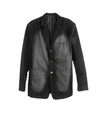 vintage black leather jacket isolated on white background