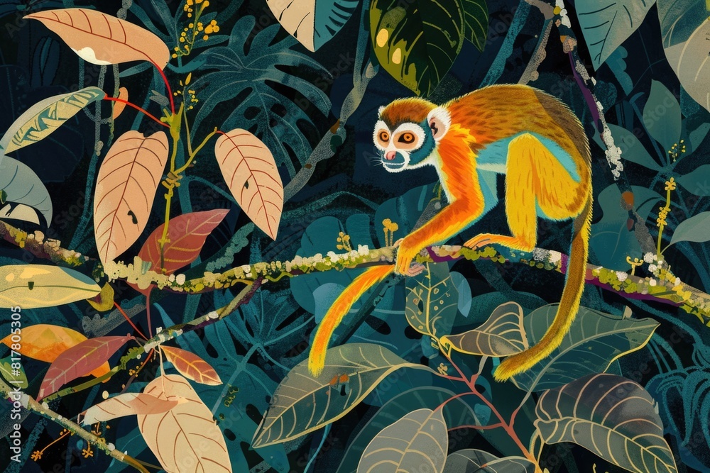 Poster a monkey sitting on a tree branch. suitable for nature and wildlife themes