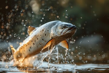 Sturgeon fish leaping out of a river, symbolizing conservation efforts. 