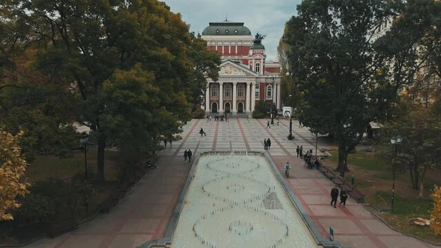Drone footage of Ivan Vazov National Theater in the center of Sofia city, Bulgaria